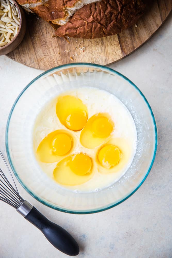 bowl of milk and eggs with bread above