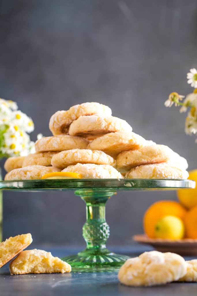 green cake plate with lemon crinkle cookies