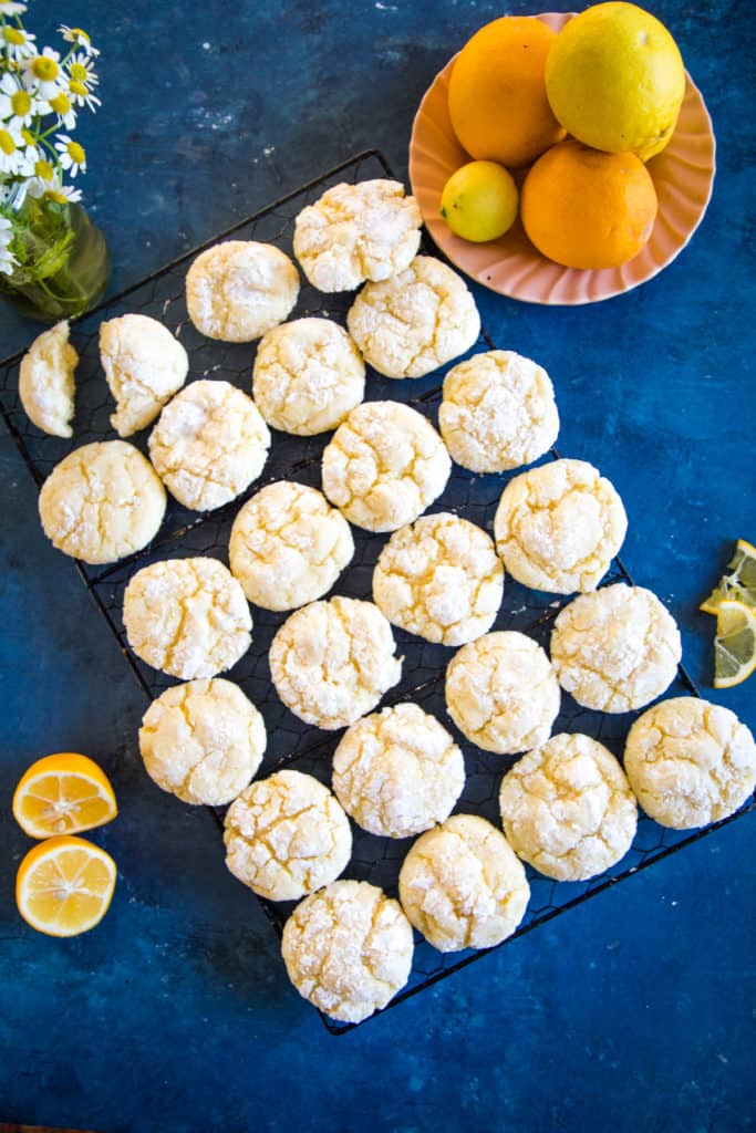 rack of lemon bar cookies on a blue background