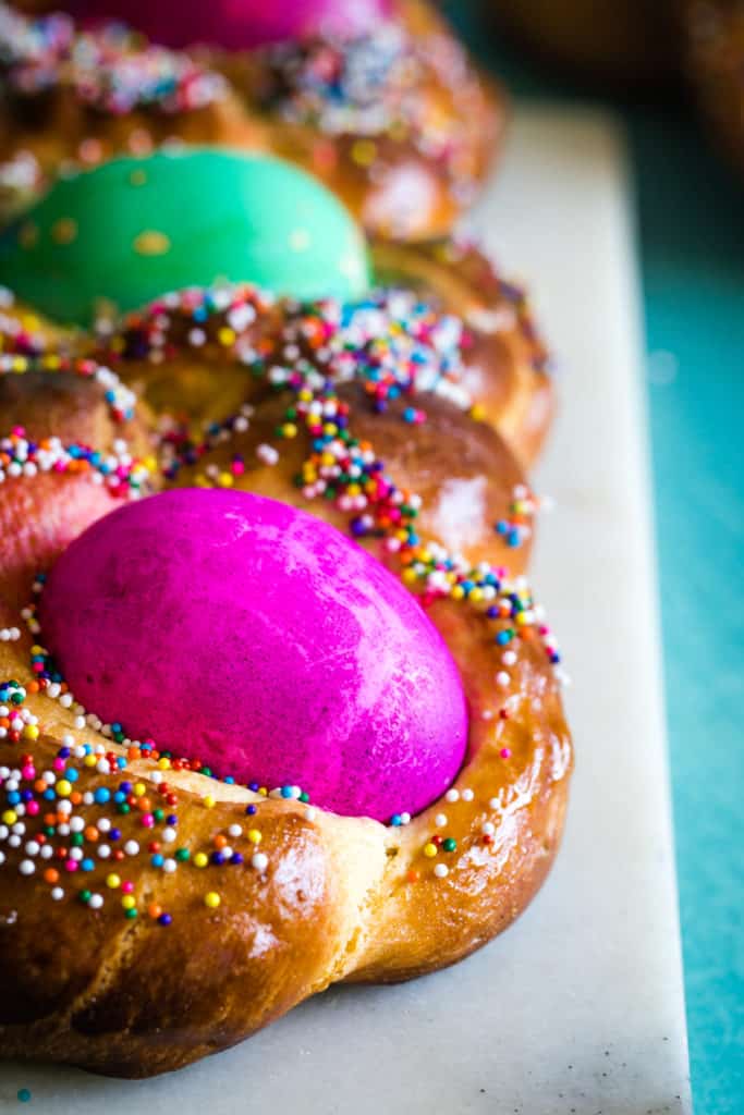 pink easter eggs in braided bread