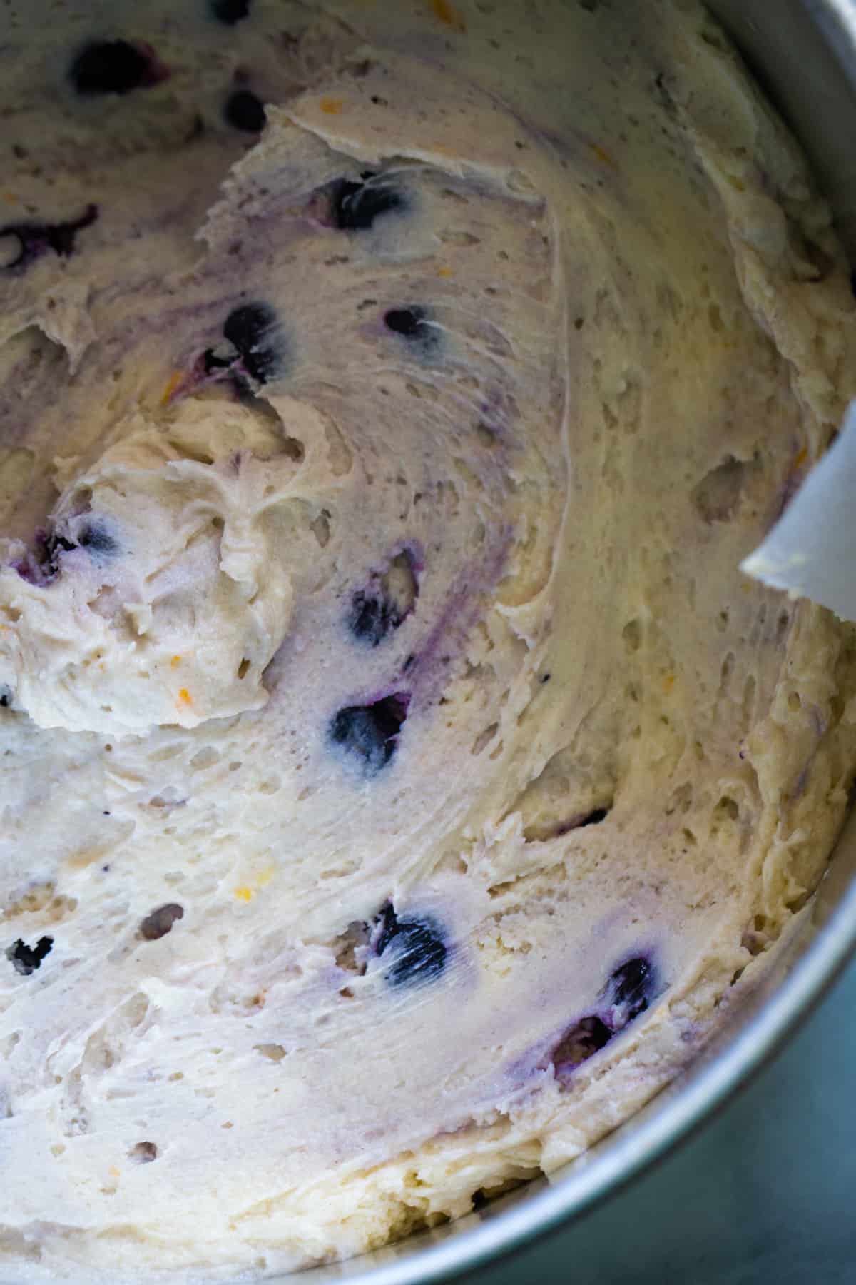 overhead shot of blueberry lemon cake batter in cake pan. 