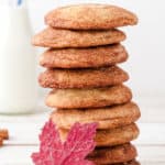 stack of maple snickerdoodle cookies with red maple leaf