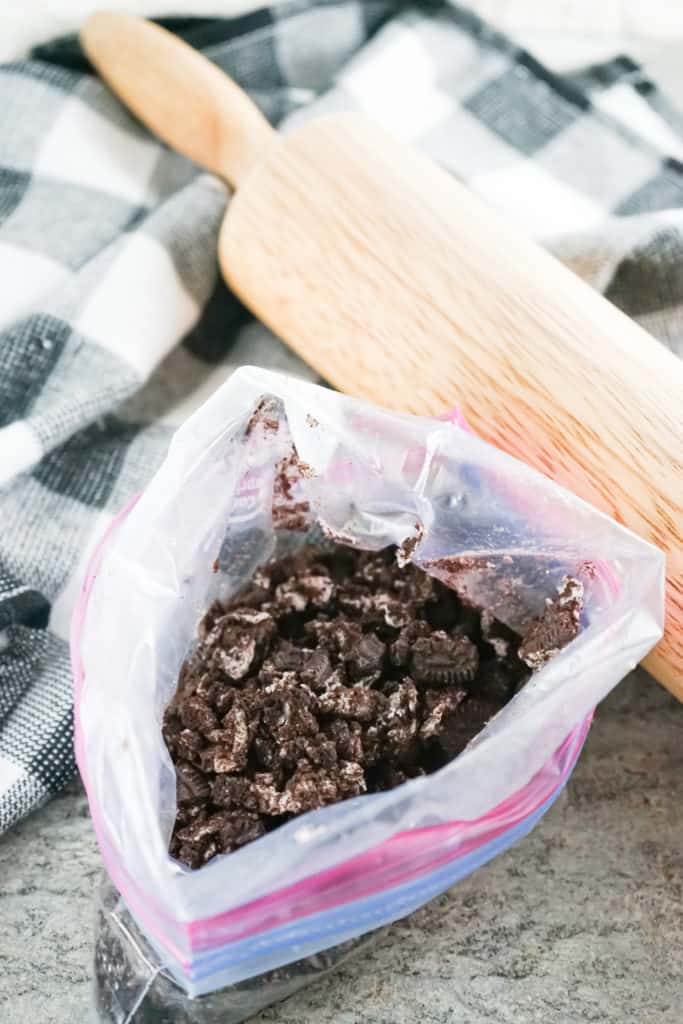 ziplock bag of crushed Oreos