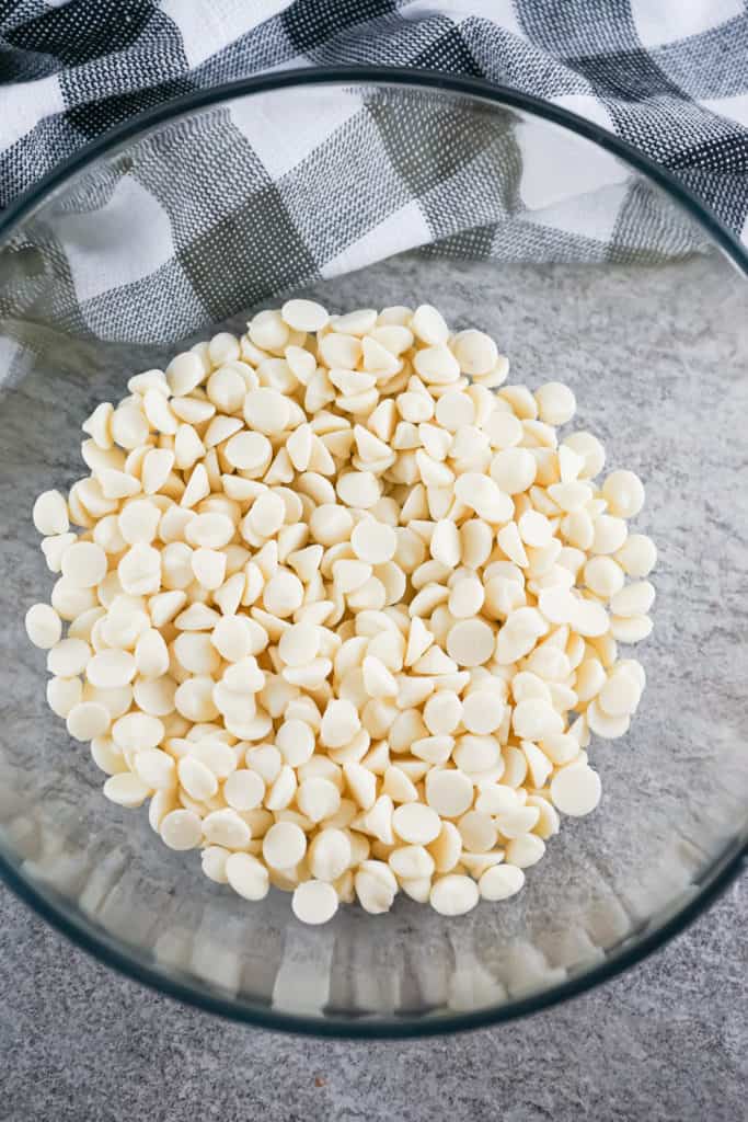 glass bowl of white chocolate chips
