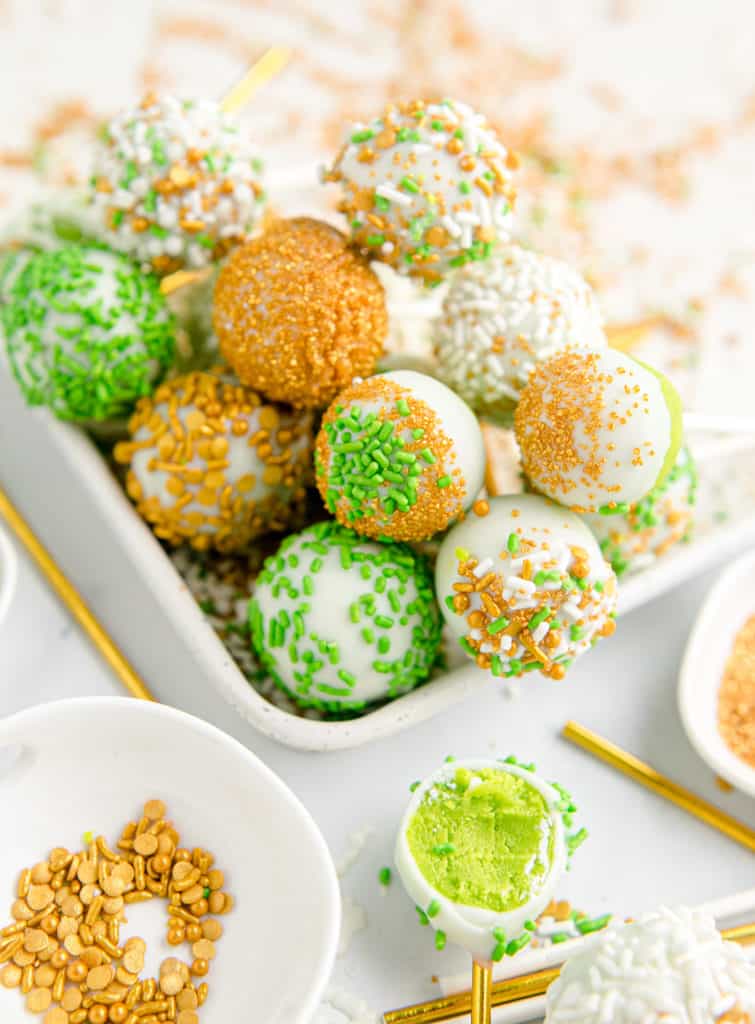 st. Pattys day cake pops in white tray