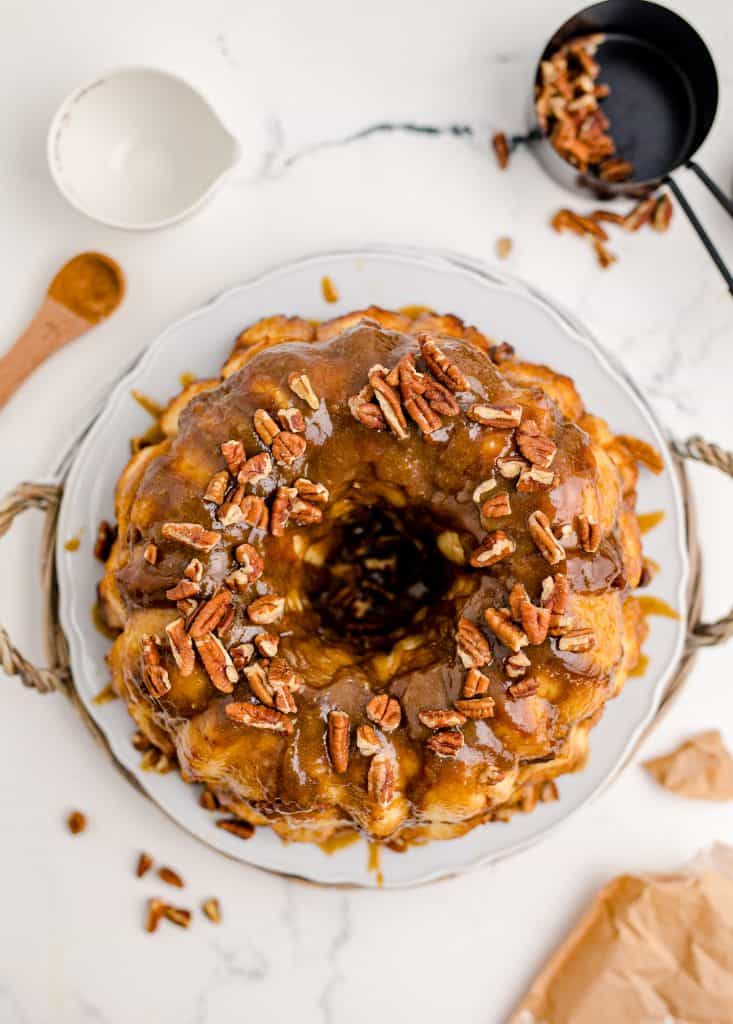 overhead shot of monkey bread on white plate