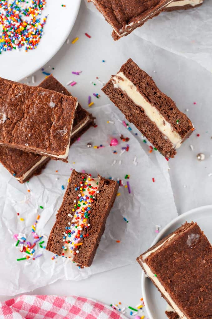 overhead shot of ice cream sandwiches and plate of sprinkles