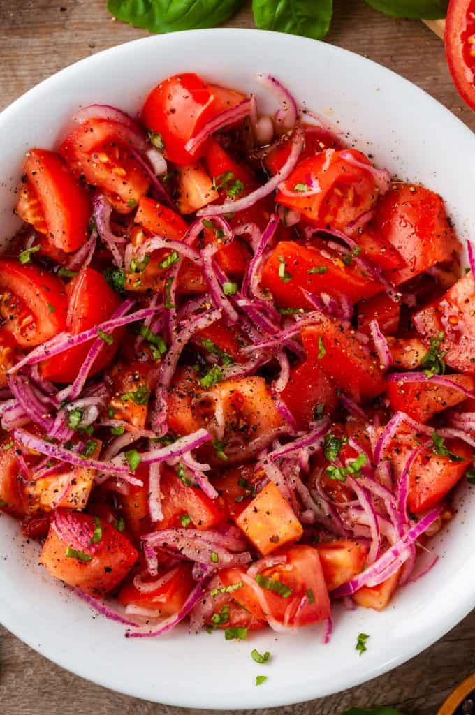 overhead shot of tomato onion salad