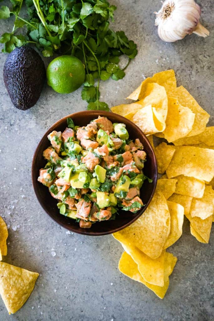 overhead shot of salmon ceviche