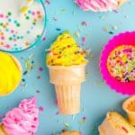 ice cream cone cupcakes on blue background