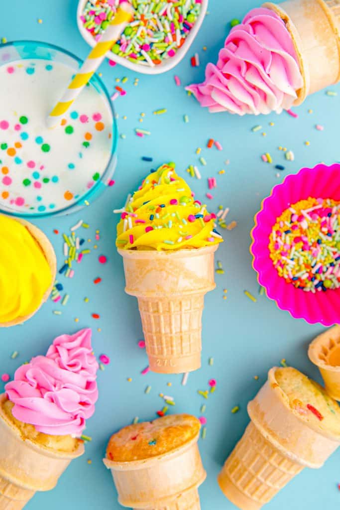 ice cream cone cupcakes on blue background