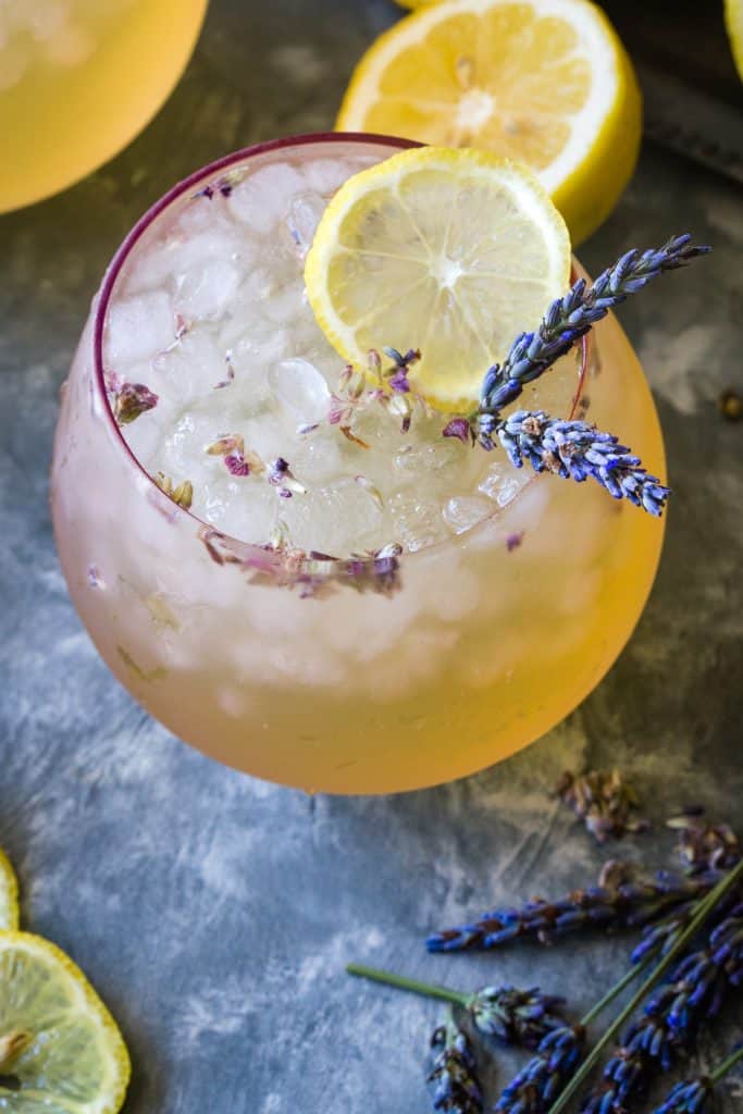 overhead shot of lavender lemonade in pink glass