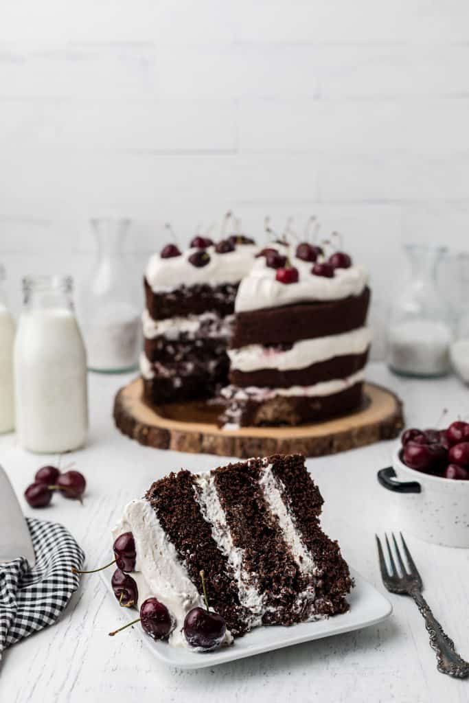 slice of Black Forest cake on white plate