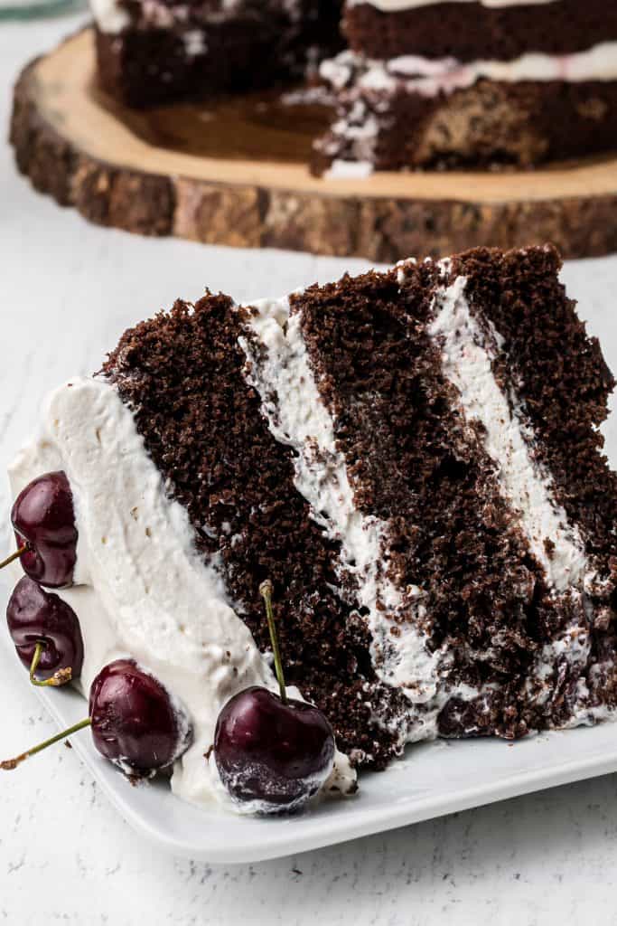 slice of black forest cake on white plate