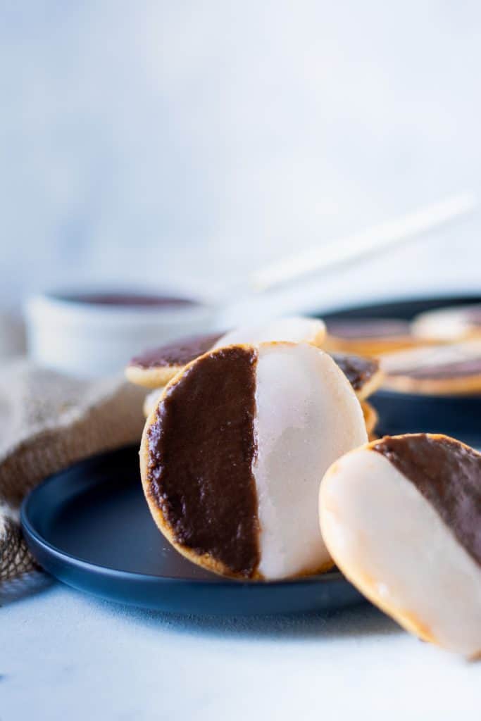 black and white cookies on black plate