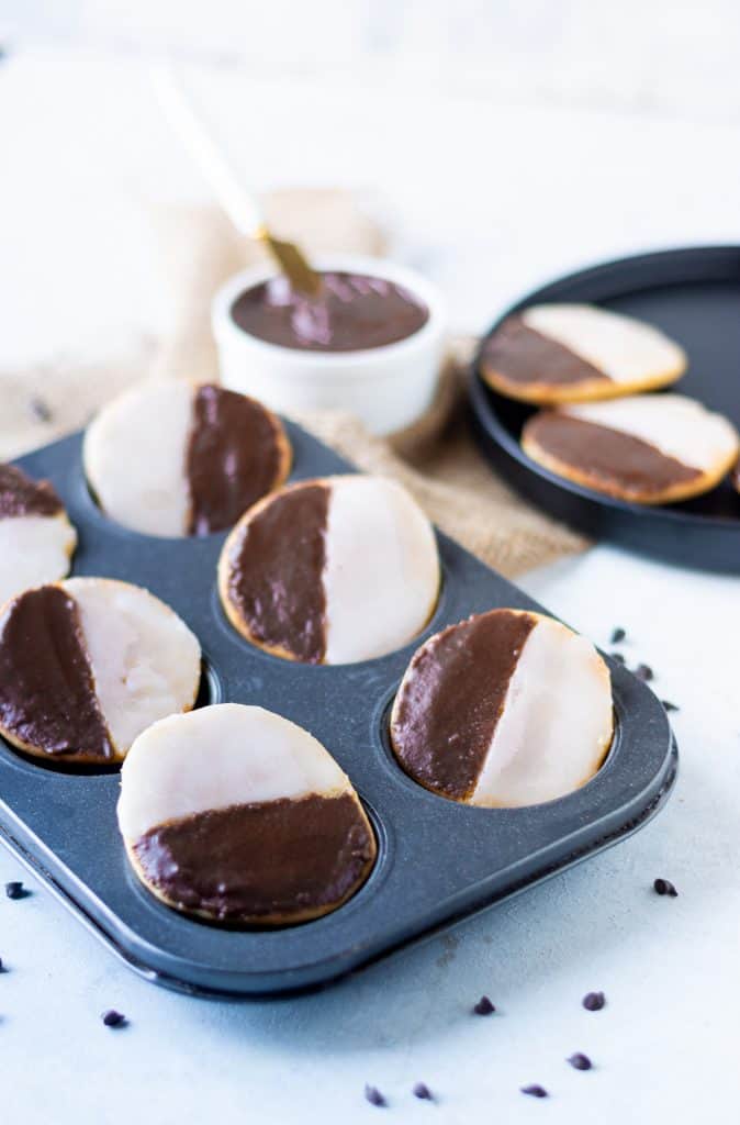 black and white cookies in a muffin tin