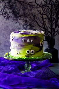 monster eye cake on green cake stand and grey background