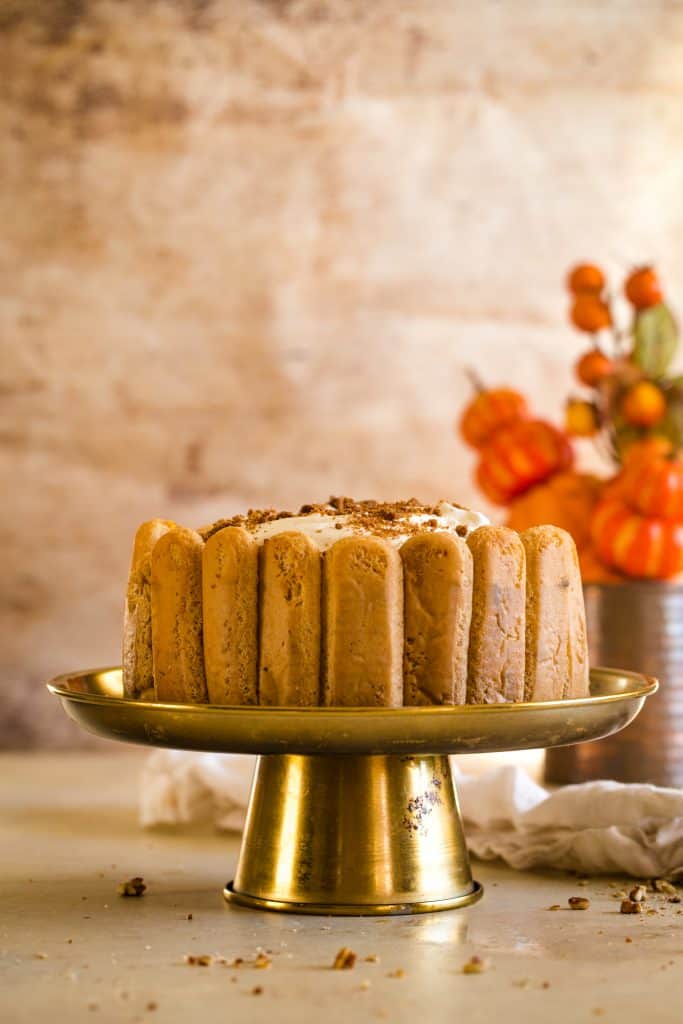 pumpkin tiramisu on gold cake plate