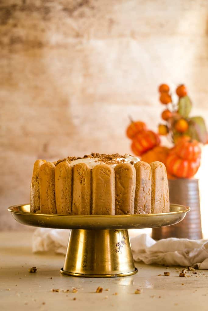 pumpkin tiramisu on gold cake plate with beige background