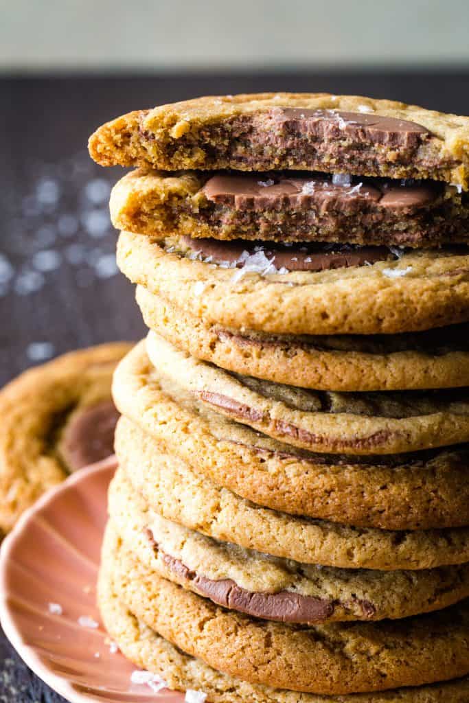 stack of whole wheat chocolate cookies on pink plate