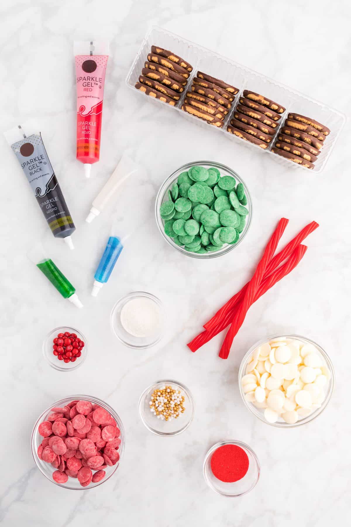 ingredients to make Christmas wreath cookies on white background