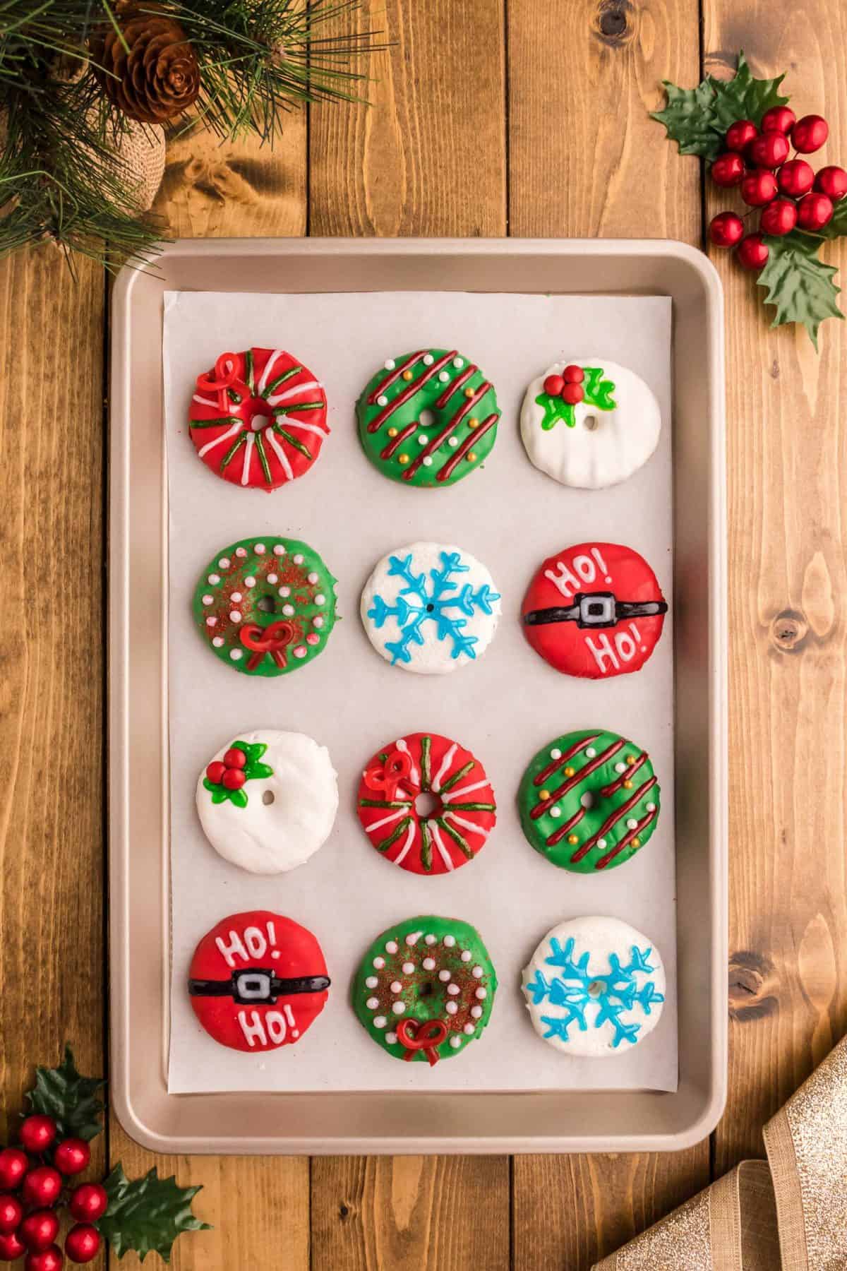 Christmas wreath cookies on a cookie sheet