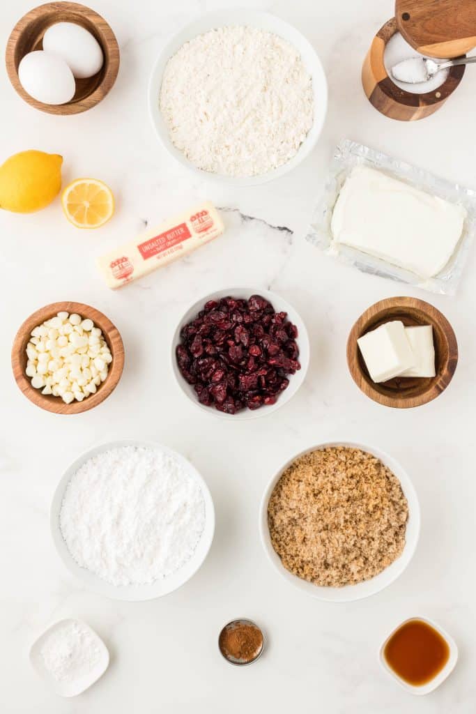 bowls with ingredients for cranberry bliss bars