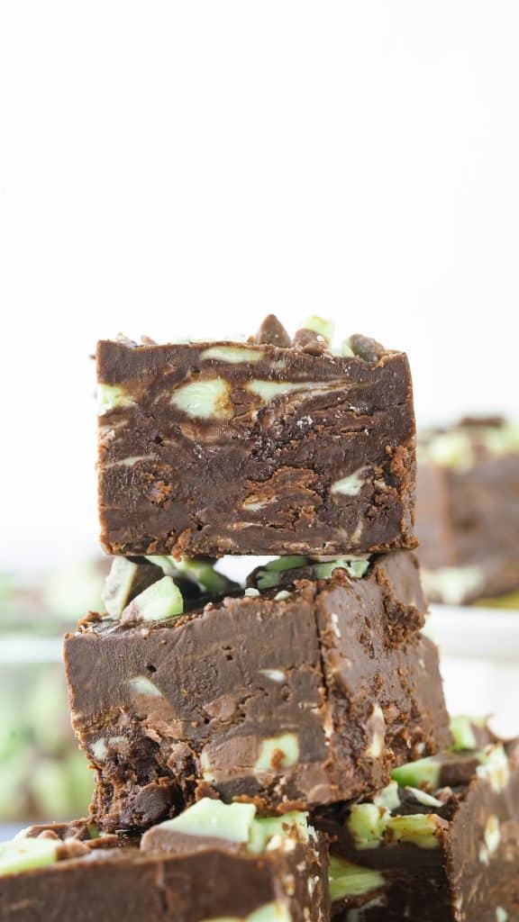 2 pieces of mint chocolate fudge stacked