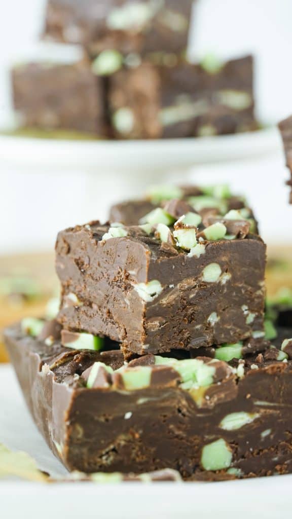 up close shot of mint chocolate fudge square