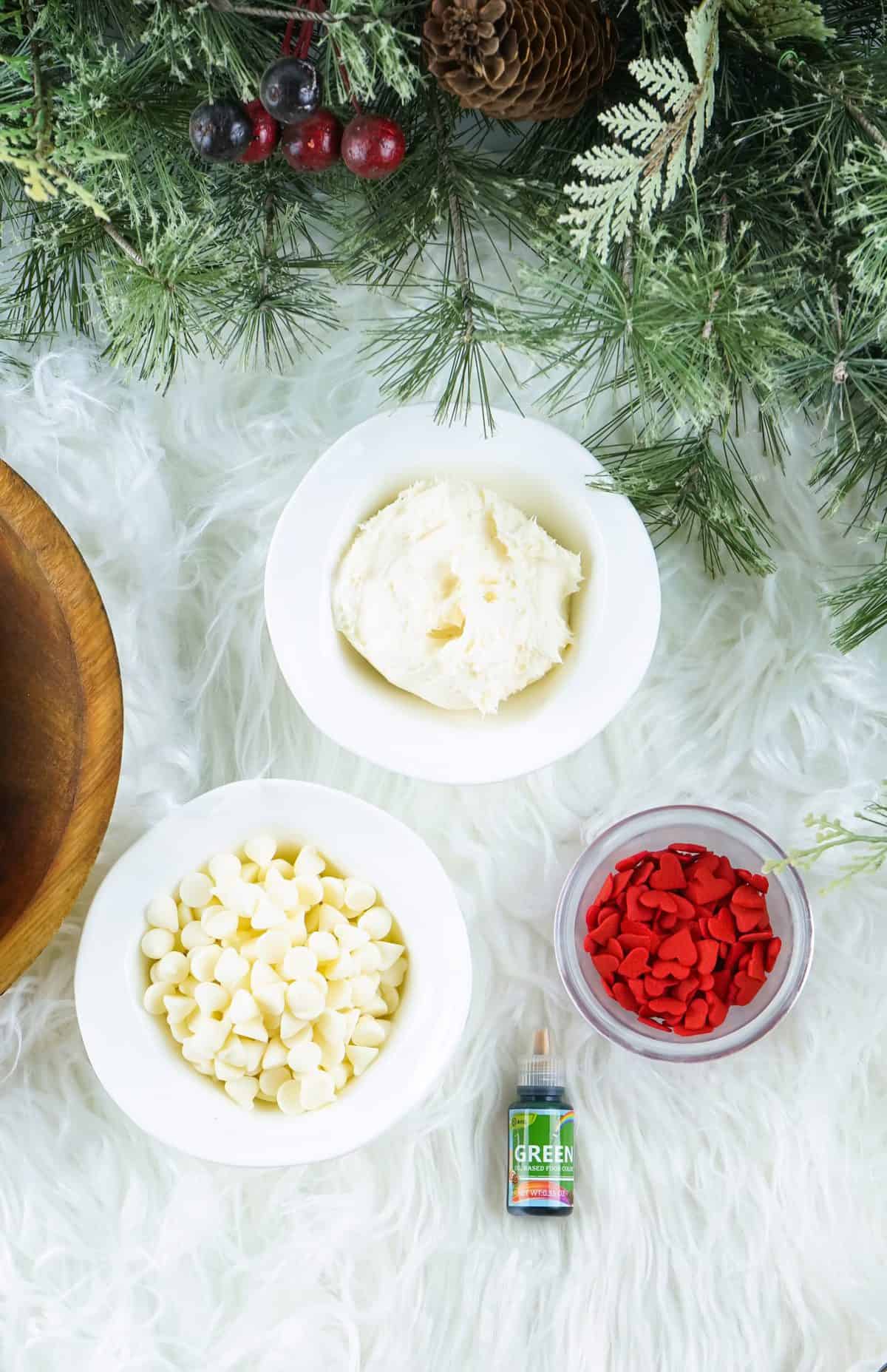 ingredients to make grinch fudge in little white bowls