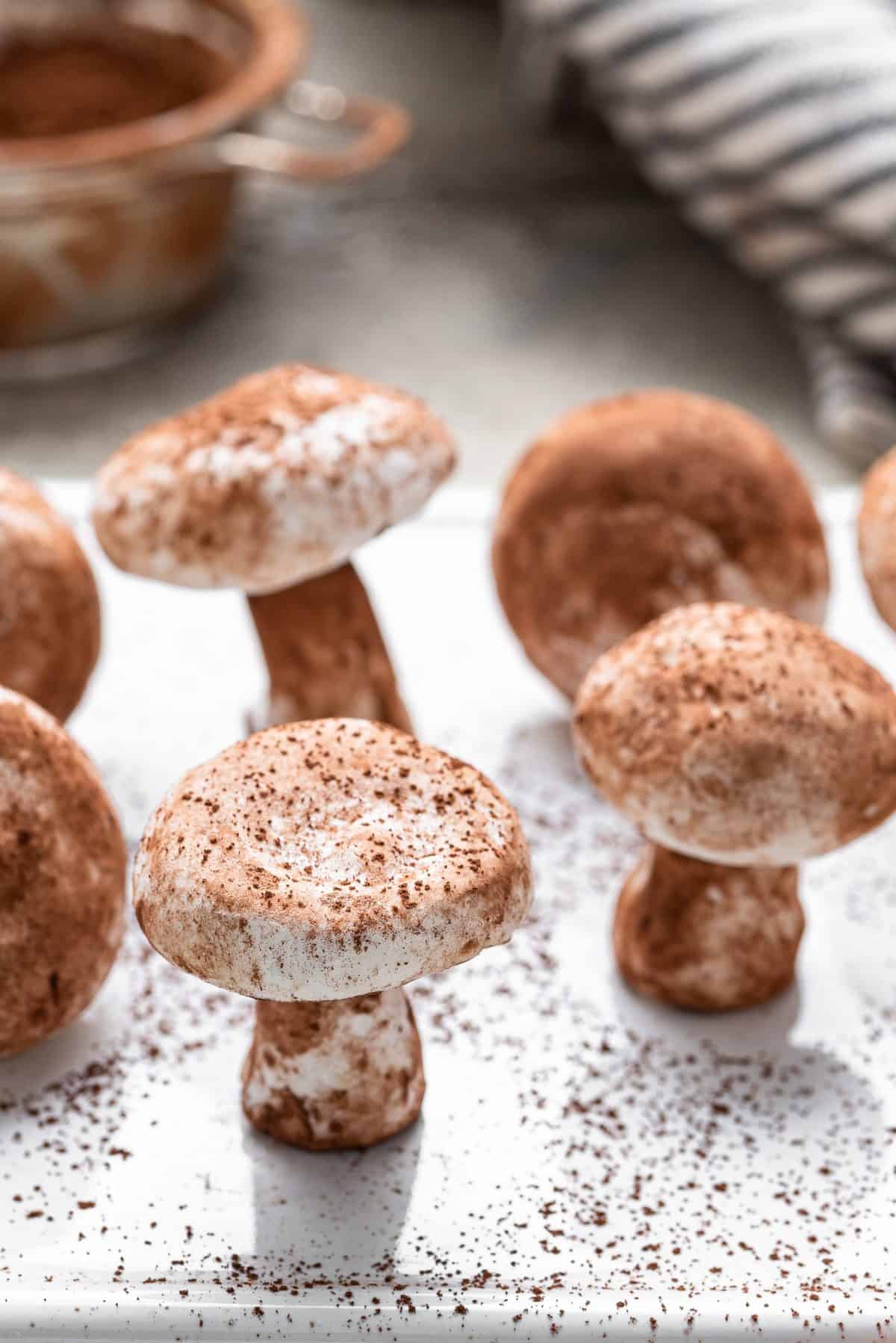 meringue mushrooms standing on white plate