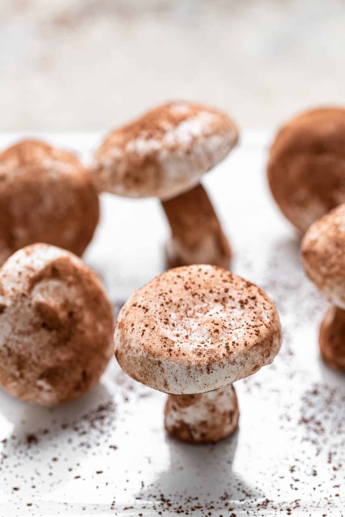 up close photo of meringue mushrooms on white plate