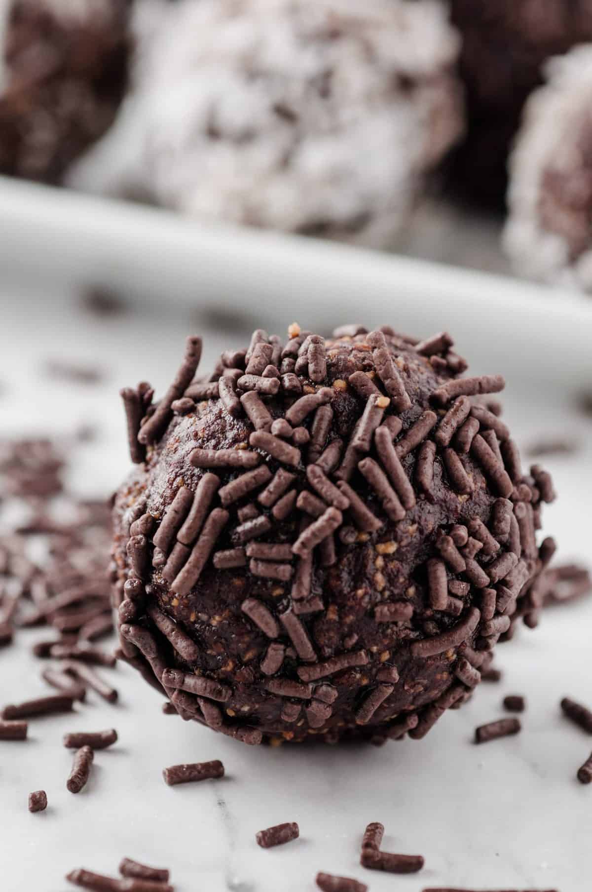 up close photo of chocolate rum ball rolled in chocolate sprinkles