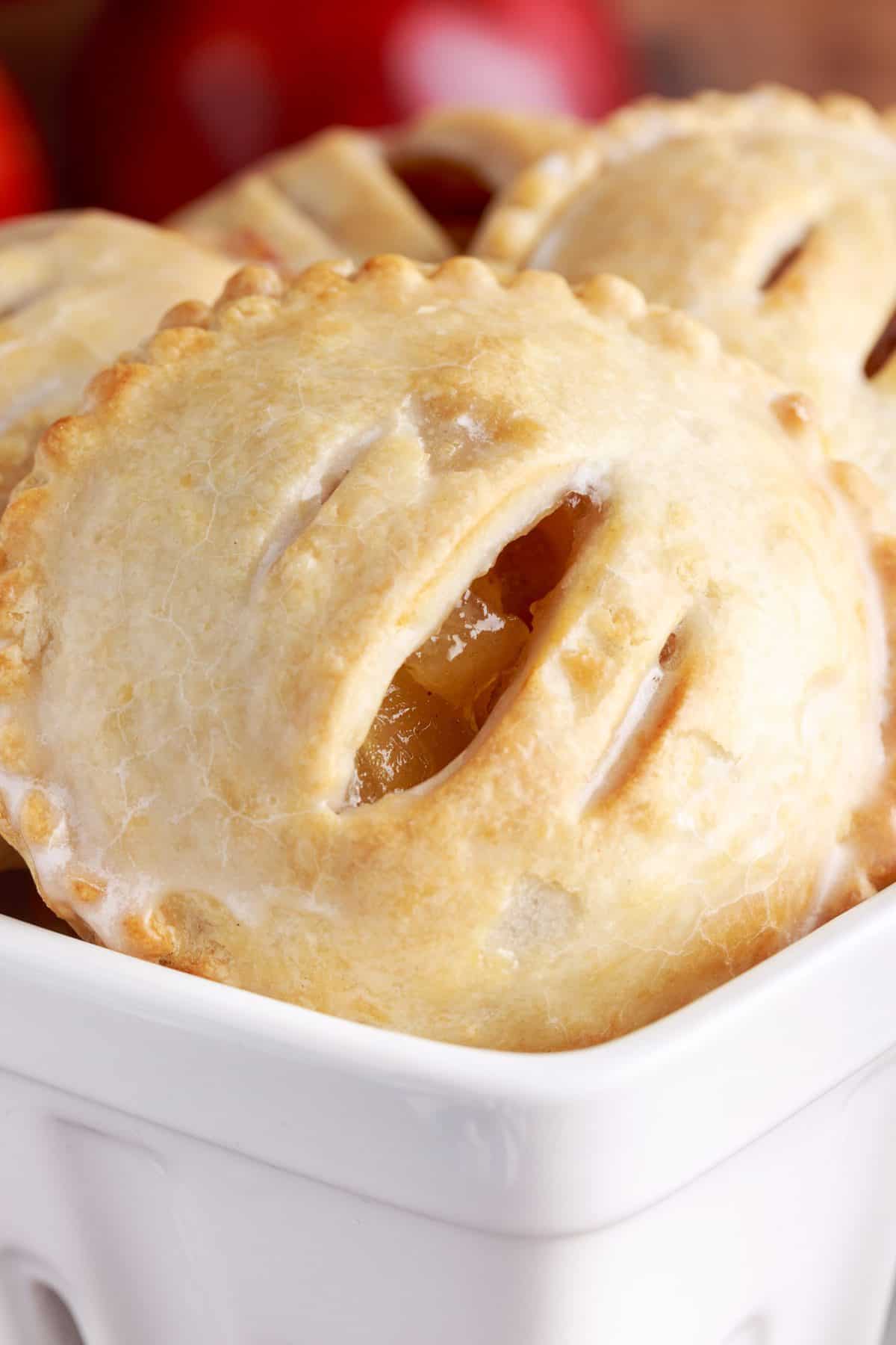 up close photo of the air fried caramel apple hand pie