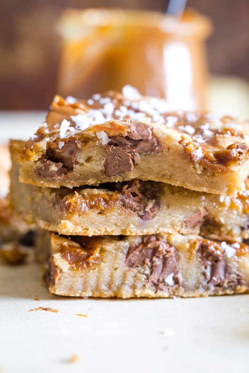 Up close photo of the stacked cookie bars. 