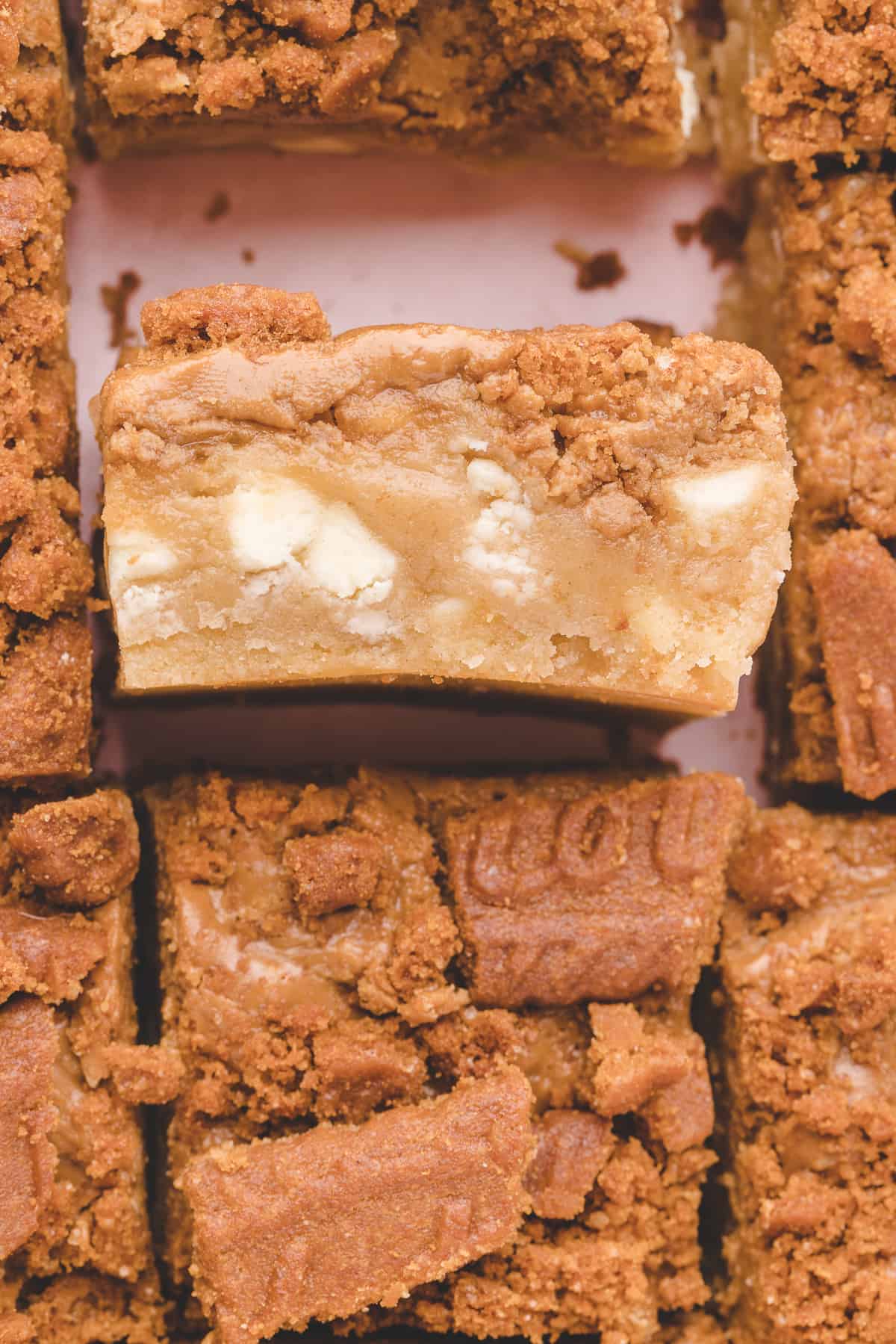 Overhead shot of the blondie squares where you can see the white chocolate chips. 