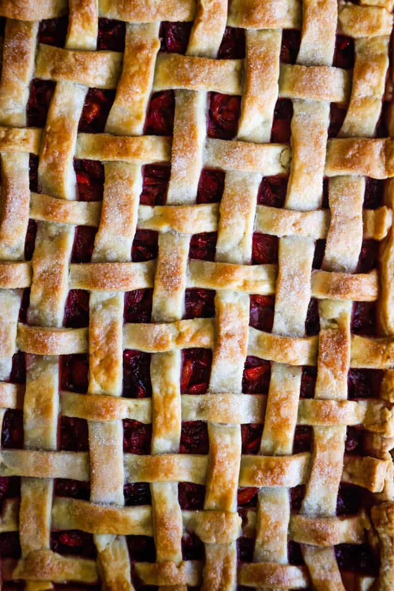Up close shot of the lattice top crust on the cherry slab pie. 