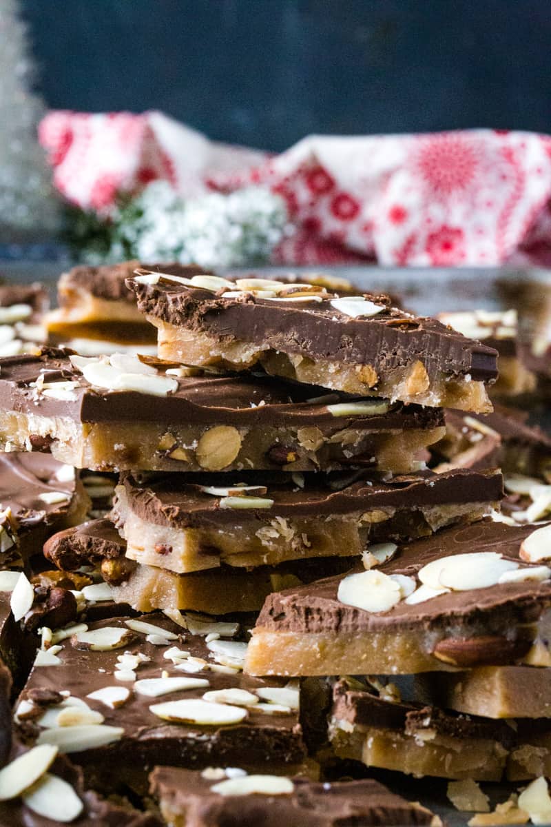 Up close shot of the English toffee layers with the chocolate and the almond toffee. 