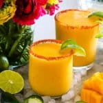 spicy mango margaritas with tajin square feature image.