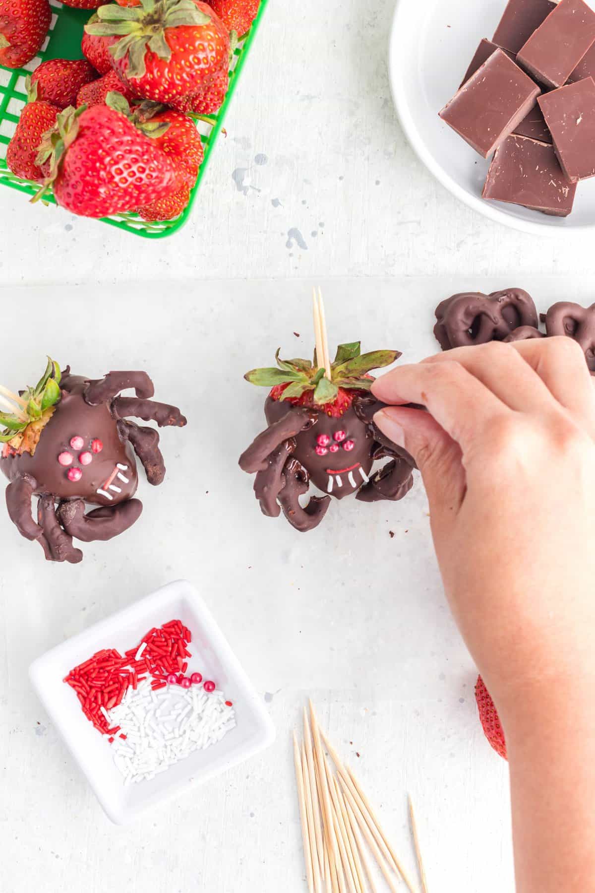 Adding the chocolate dipped pretzels as the legs to spiders body.