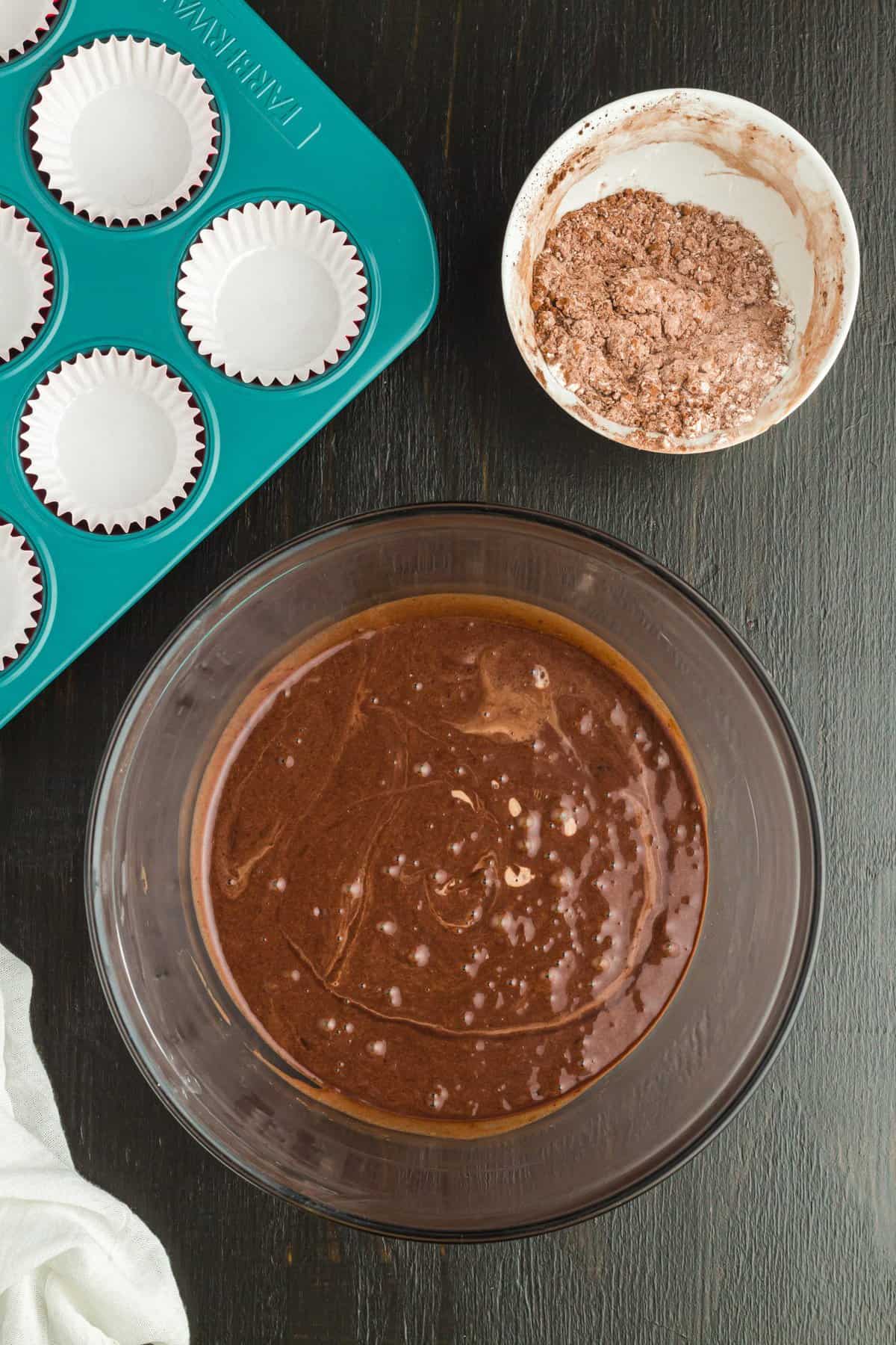 Completed chocolate cupcake batter ready to fill the liners. 