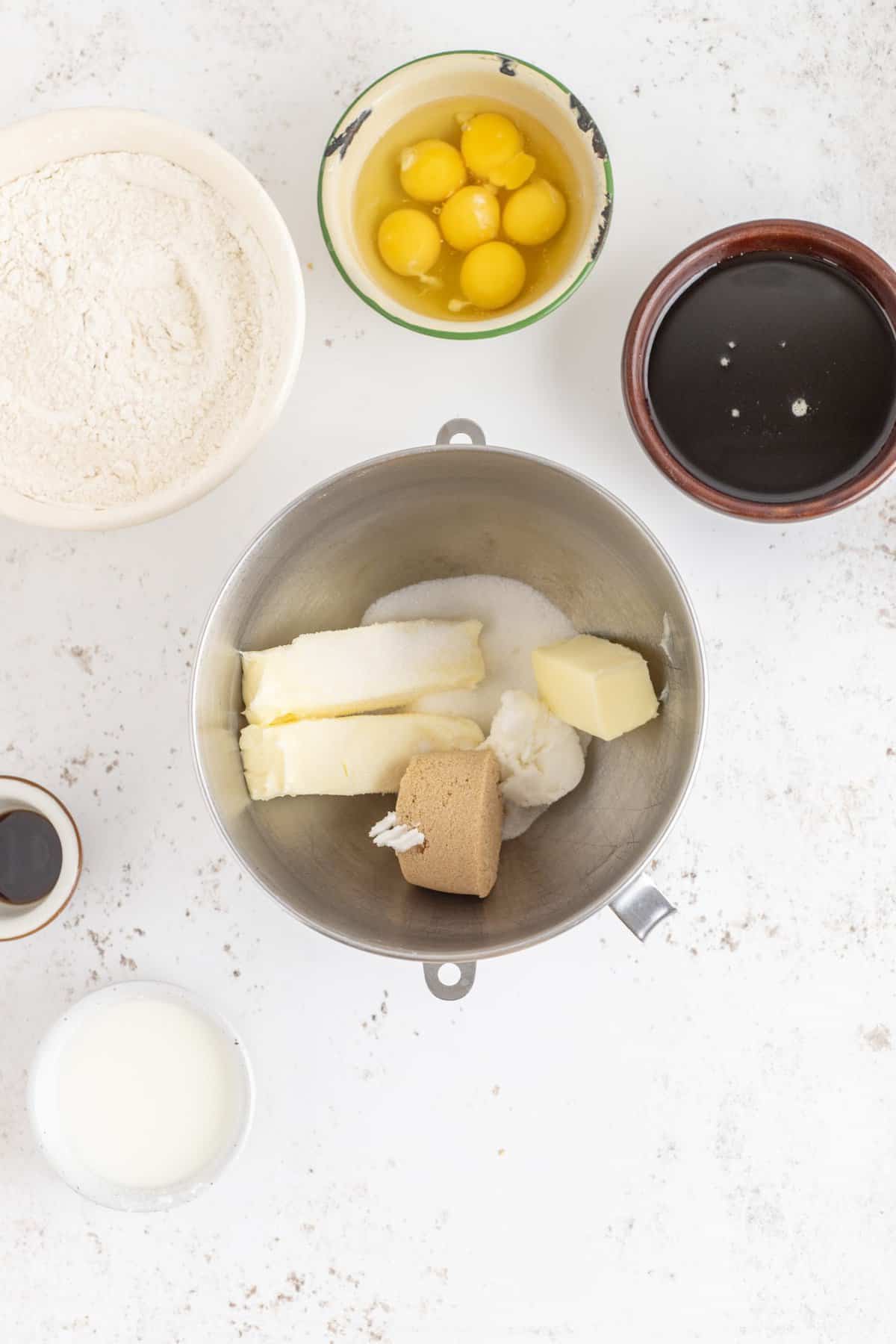 Creaming the butter and sugar together in a metal stand mixer bowl. 