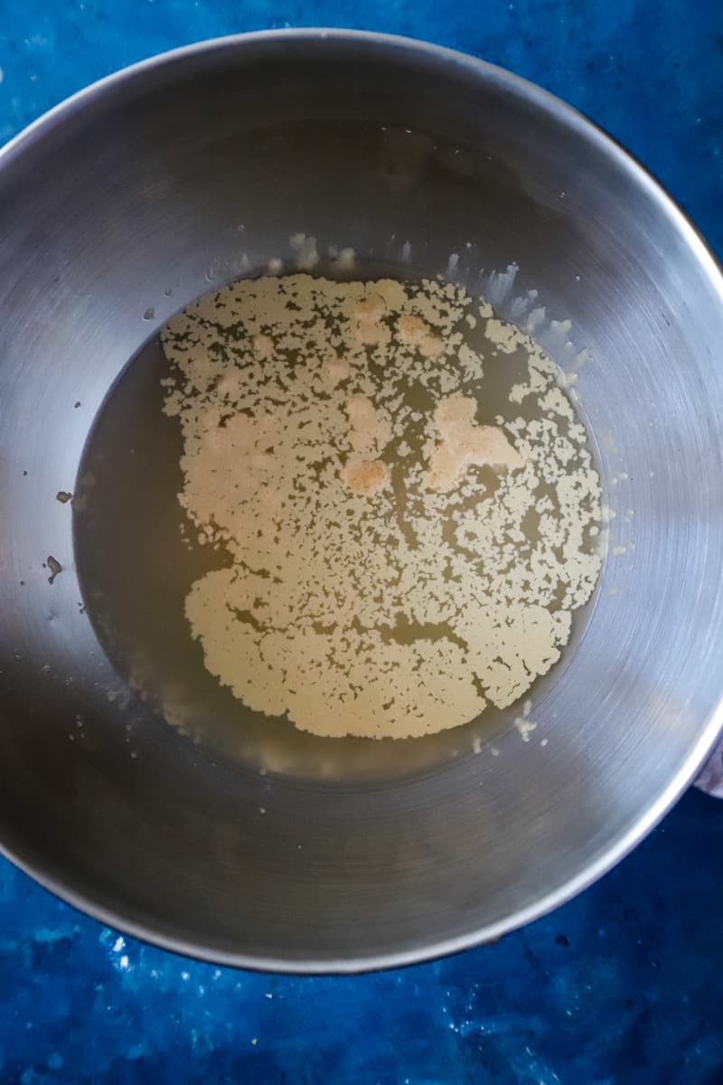 Yeast and water beginning to bloom in large metal bowl. 