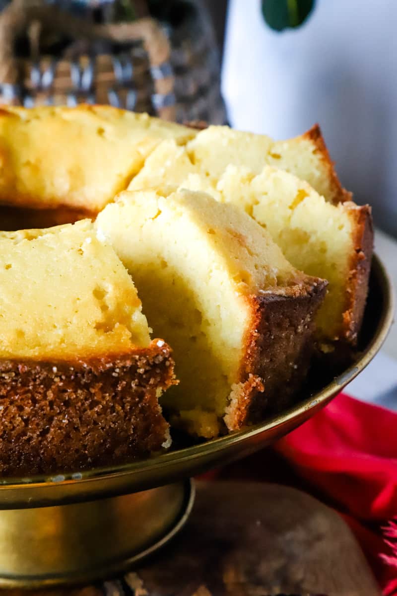 Up close photo of the pound cake slices on a gold cake plate.