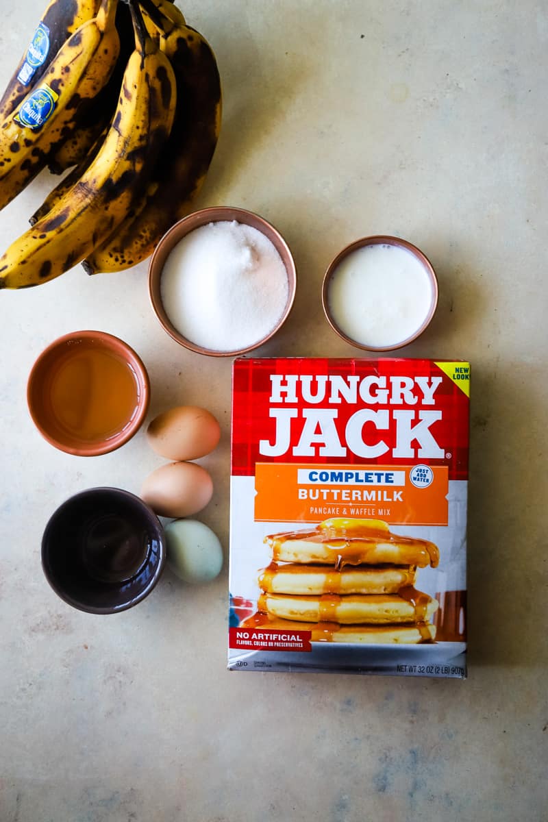 Ingredients to make the quick loaf including box of hungry jack pancake mix. 