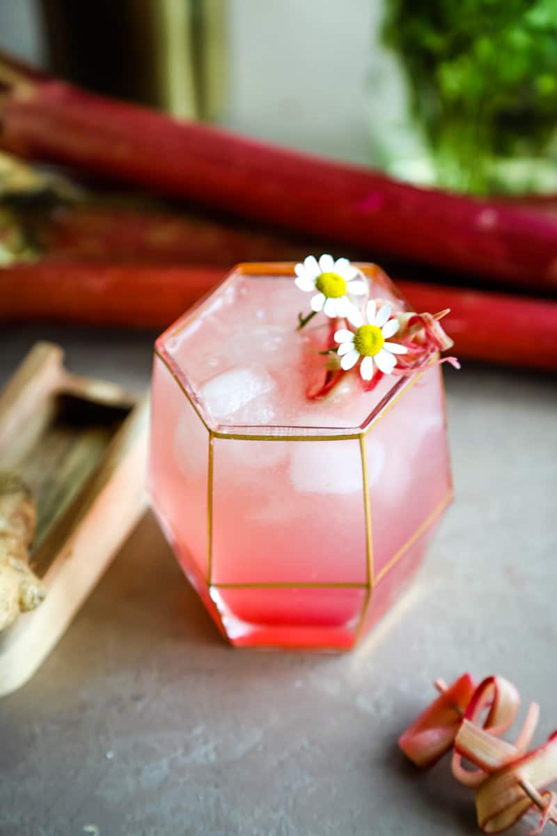 Glass with gold rim filled with pink cocktail and stalks of rhubarb in background. 
