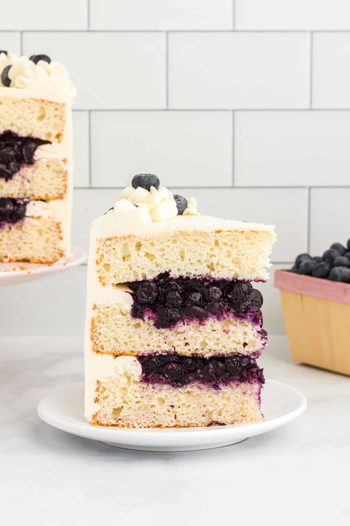 Slice of cake with blueberry filling on a white plate with blueberries in background. 