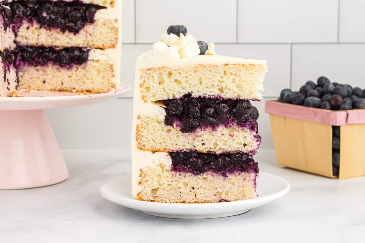 Slice of cake showing the blueberry layers on a small white plate. 