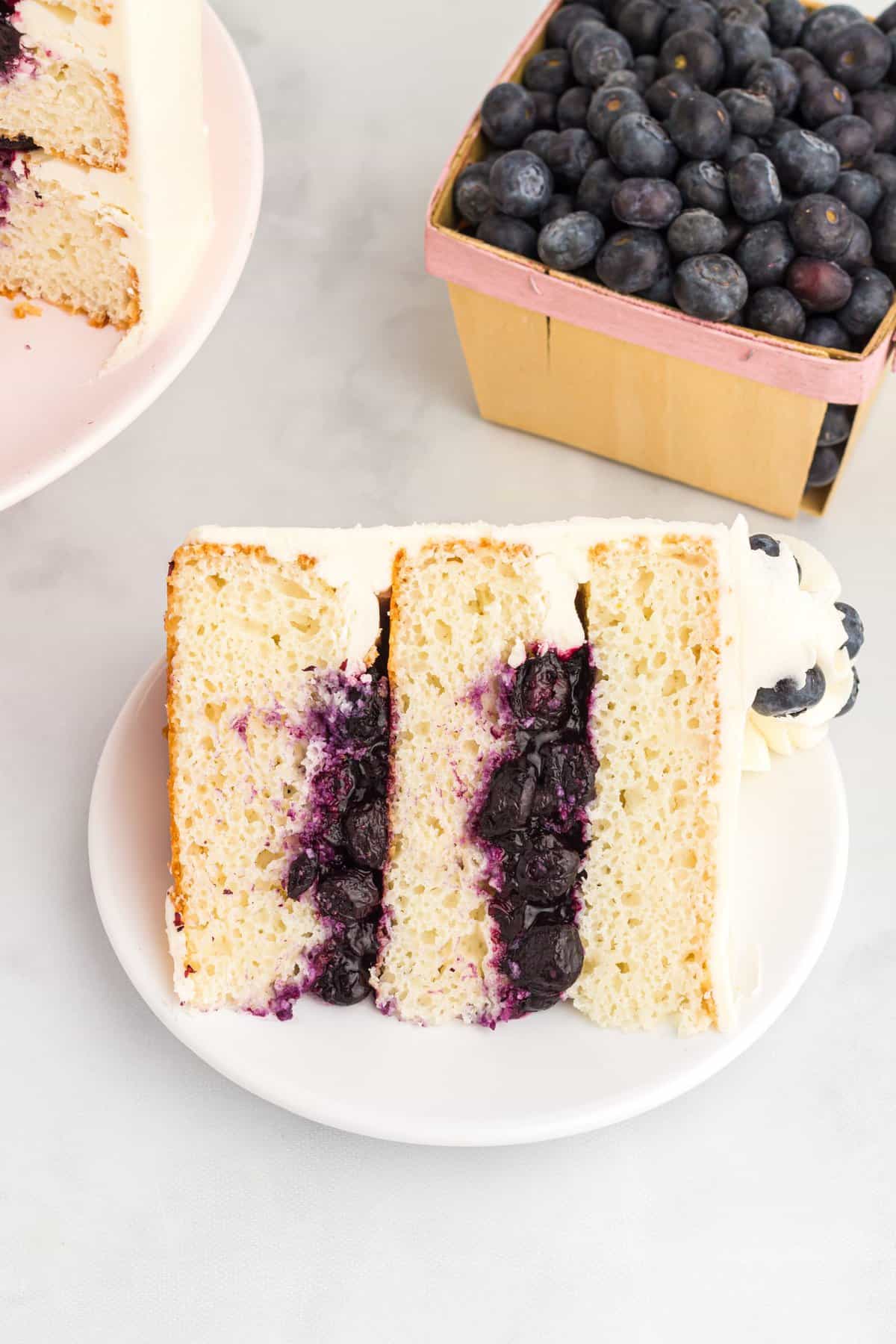 Overhead shot of a slice of cake with blueberry filling on white plate. 