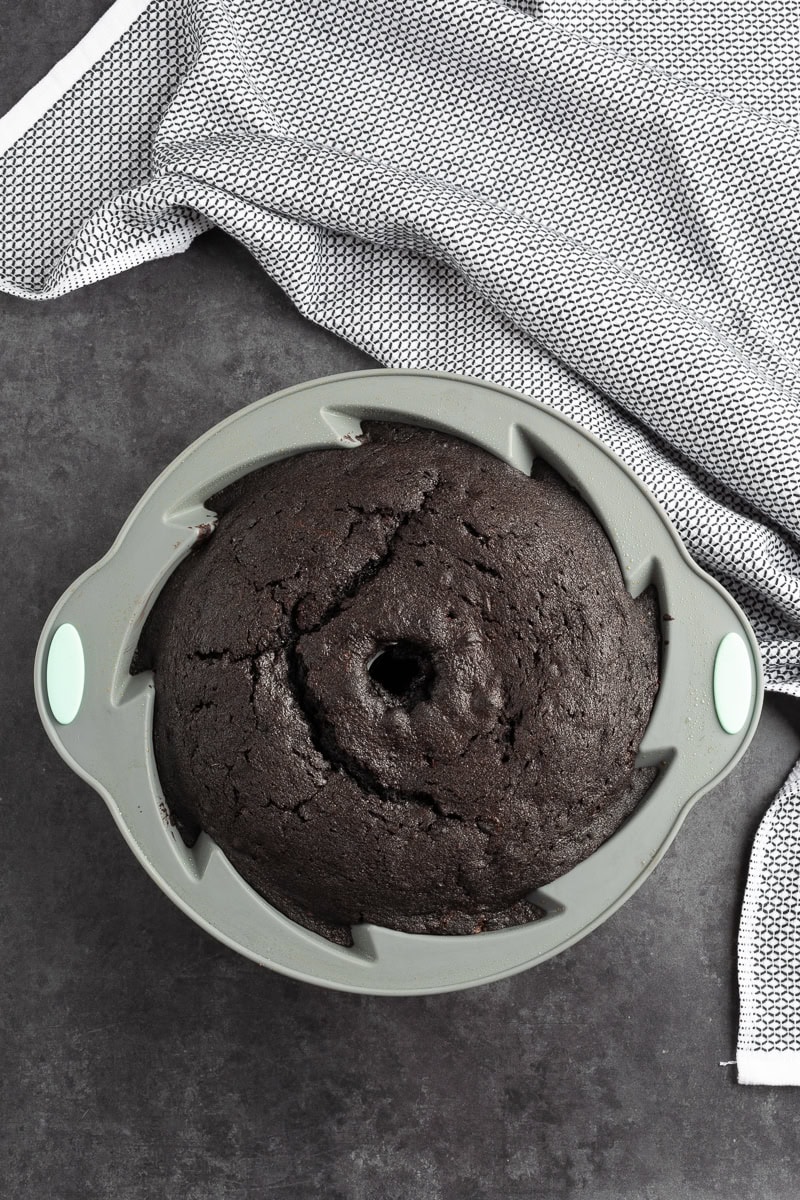 Overhead shot of the baked bundt cake in the spiral bundt cake pan. 